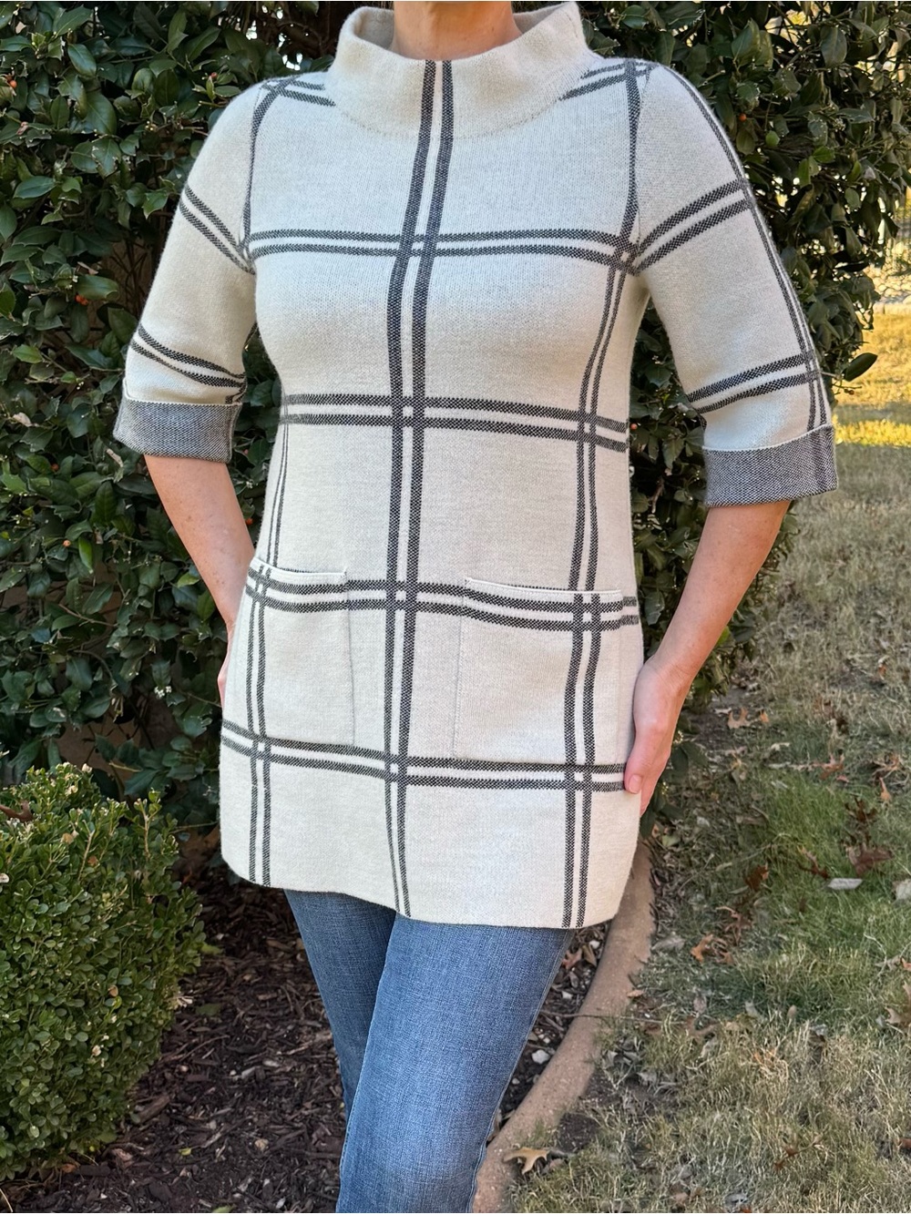 Moth Cream and Gray Plaid Funnel-Neck Sweater Tunic